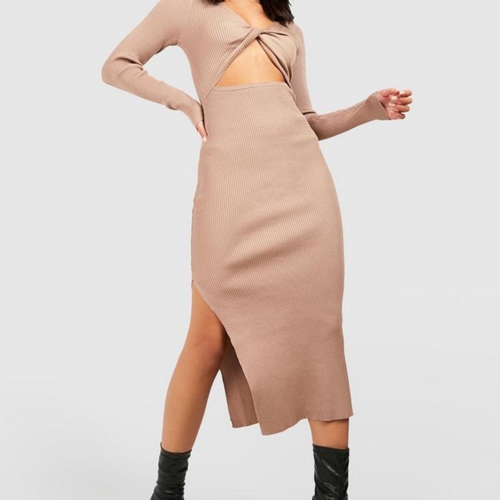 NWT Fore Women’s Chic Sweatshirt Elegant Long Sleeve Tan Dress